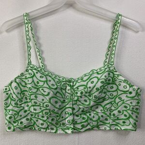 H&M Crop Top Shirt L Sleeveless White Green Broderie Anglaise Smocked Sweetheart